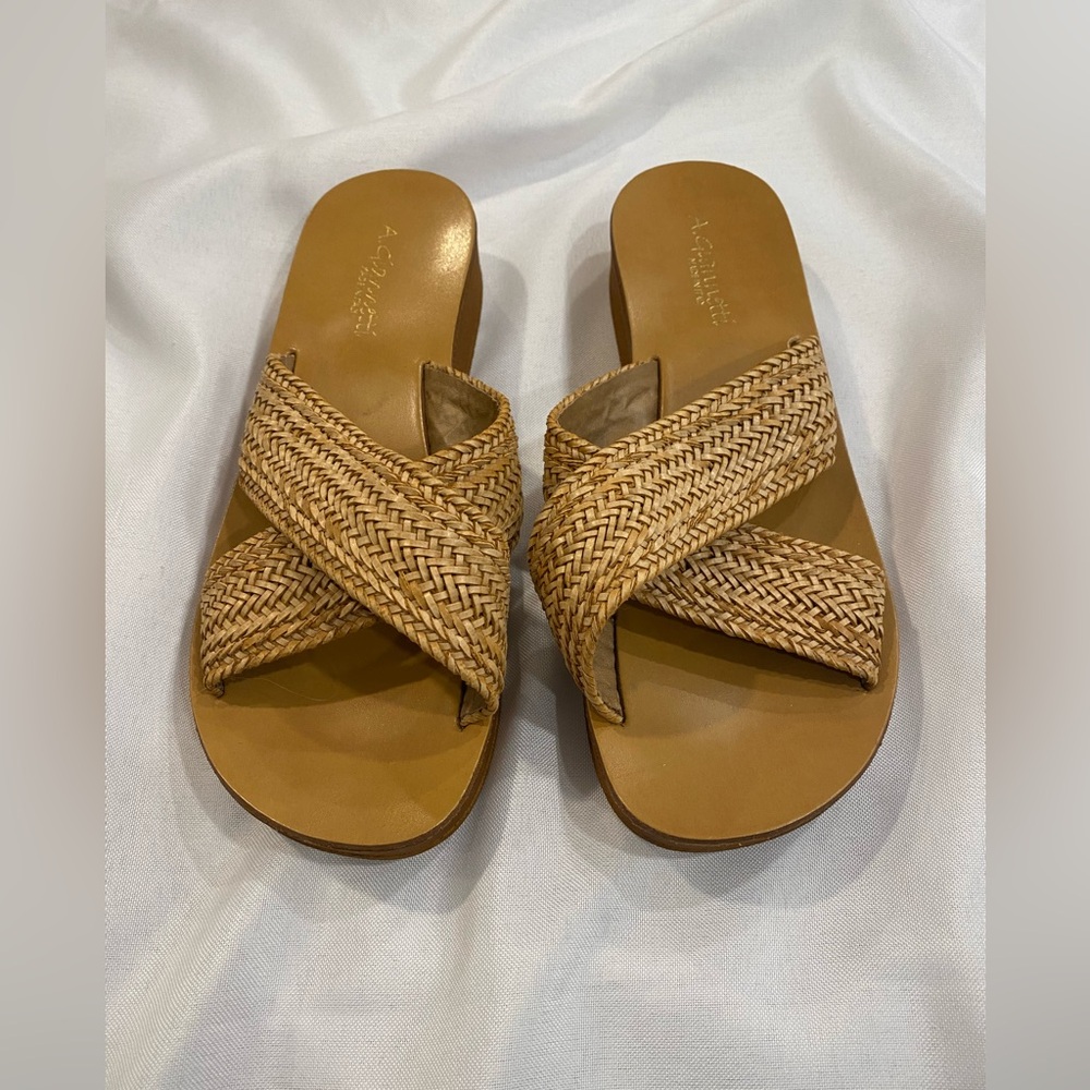 A. Giannetti Tan Woven Cross-Strap Slide Sandals